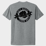 Gray t-shirt with black graphic and text on the back