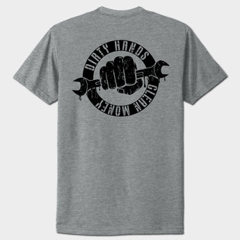 Gray t-shirt with black graphic and text on the back