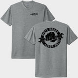 Gray t-shirt with black logo and text