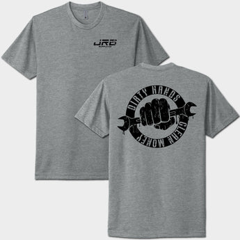 Gray t-shirt with black logo and text