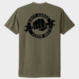 Green t-shirt with a black graphic on the back