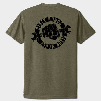 Green t-shirt with a black graphic on the back