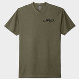 Green t-shirt with a black logo