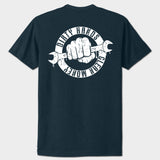 Navy blue t-shirt with white graphic and text