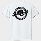 White t-shirt with black graphic design 