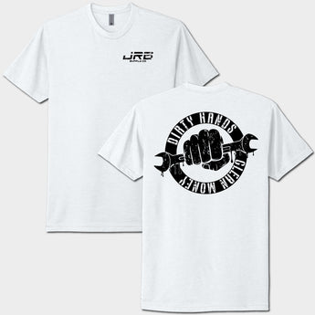 White t-shirt with black graphics and text