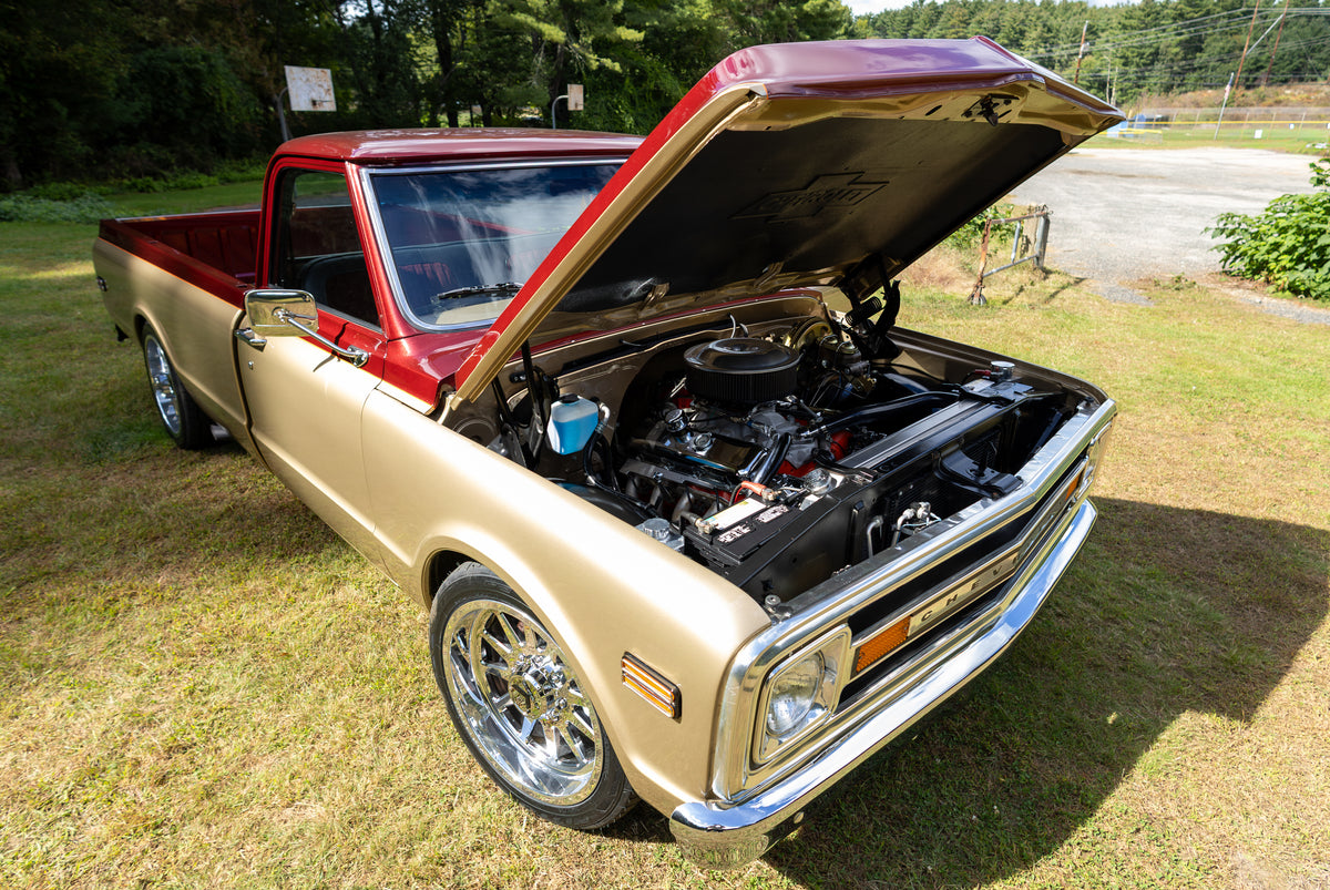 JRB9 1969 Chevrolet C20 engine bay with built 396ci GM big-block and chrome accessories