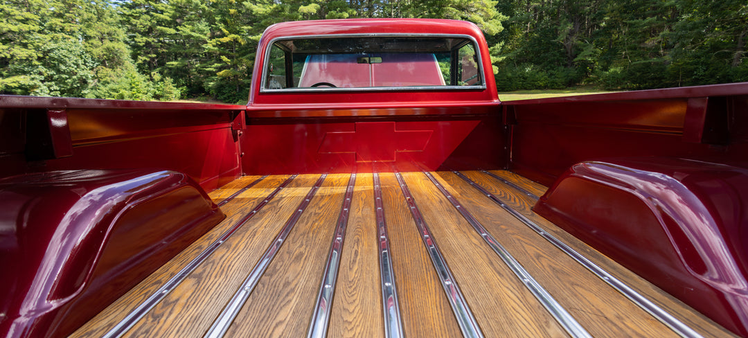 Restored 1969 Chevrolet C20 JRB9 giveaway truck in tan and maroon two-tone paint
