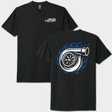 Black t-shirt with turbocharger graphic on the back, brand logo on the front, on a white background