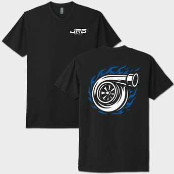 Black t-shirt with turbocharger graphic on the back, brand logo on the front, on a white background
