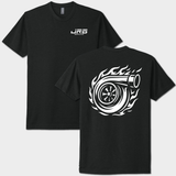 Black t-shirt with a white turbocharger graphic on the back and JRB Supply Co logo on front