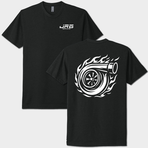 Black t-shirt with a white turbocharger graphic on the back and JRB Supply Co logo on front