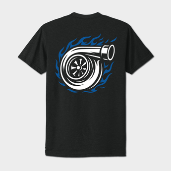 Black t-shirt with a turbocharger graphic on the back against a white background