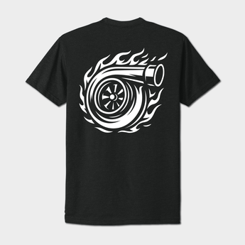 Black t-shirt with a white turbocharger graphic on the back
