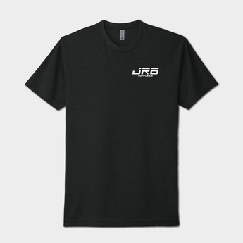 Black t-shirt with a white logo on a light gray background