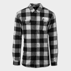 front of spiced flannel black and gray with white JRB supply logo