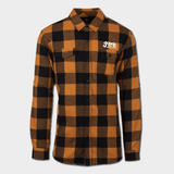 front of spiced flannel black and orange with white JRB supply logo