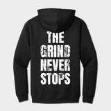 back black hoodie with The Grind Never Stops graphic text