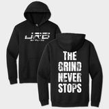 front and back black hoodie with JRB Supply co logo and The Grind Never Stops graphic text