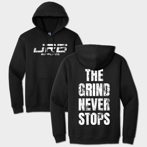 front and back black hoodie with JRB Supply co logo and The Grind Never Stops graphic text