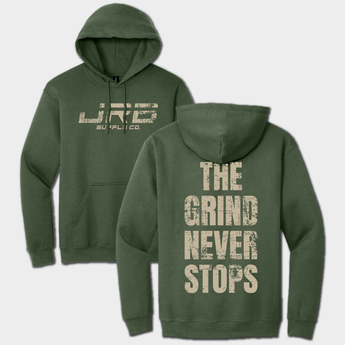  front and back military green hoodie with JRB Supply co logo and The Grind Never Stops graphic text