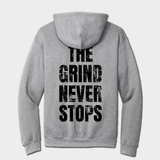 back gray hoodie with The Grind Never Stop graphic text