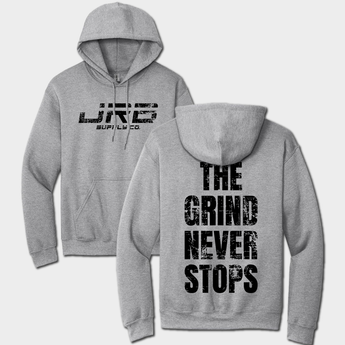 front and back gray hoodie with JRB Supply co logo and The Grind Never Stop graphic text
