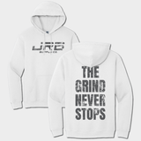 front and back white hoodie with JRB Supply co logo and The Grind Never Stop graphic text