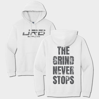 front and back white hoodie with JRB Supply co logo and The Grind Never Stop graphic text