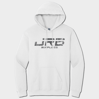 front white hoodie with JRB Supply co logo
