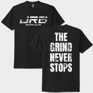 Black t-shirt with 'JRB Supply Co.' on the front and 'The Grind Never Stops' on the back.