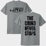 Gray t-shirt with 'Lure Supply Co.' on the front and 'The Grind Never Stops' on the back.