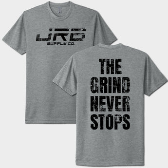 Gray t-shirt with 'Lure Supply Co.' on the front and 'The Grind Never Stops' on the back.