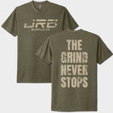 Green t-shirt with 'JRB Supply Co' on the front and 'The Grind Never Stops' on the back.