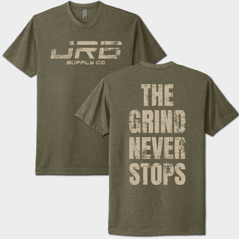 Green t-shirt with 'JRB Supply Co' on the front and 'The Grind Never Stops' on the back.