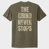 Green t-shirt with 'The Grind Never Stops' text on the back