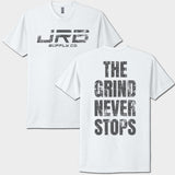 White t-shirt with 'The Grind Never Stops' text on back and JRB Supply Co logo on front