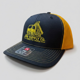 JRB7 Black and yellow hat with yellow dump truck graphic and JRB Supply co text on white background
