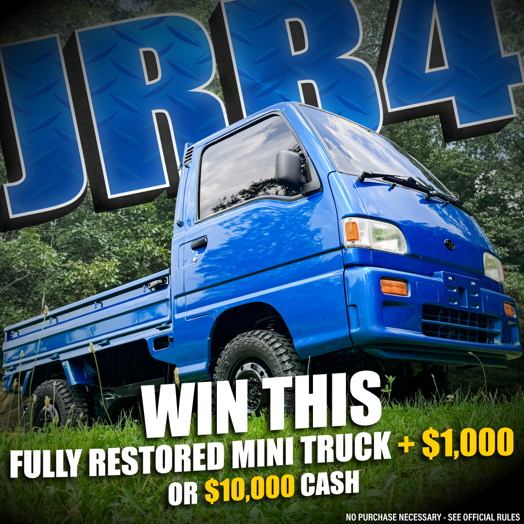 Blue mini truck on grass with promotional text overlay.