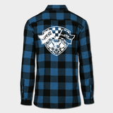 back of JRB collab flannel blue and black with white logo