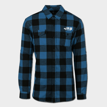 Front of JRB collab flannel blue and black with white logo