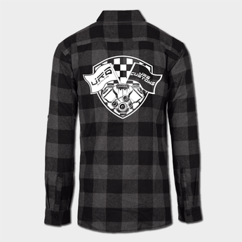 back of JRB collab flannel black and gray with white logo