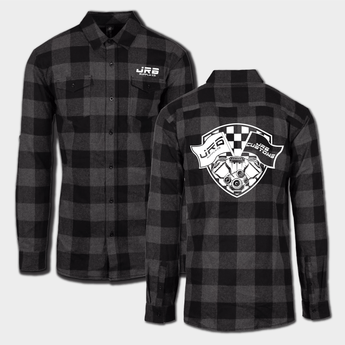 front and back of JRB collab flannel black and gray with white logo