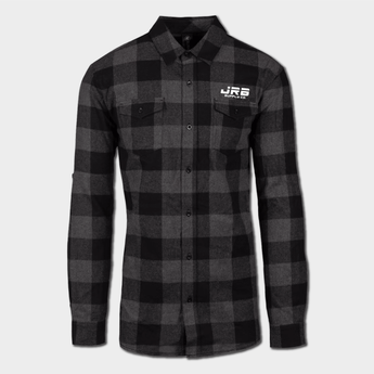 front of JRB collab flannel black and gray with white logo