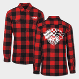 front and back of JRB collab flannel red and black with white logo