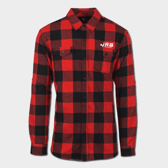 front of JRB collab flannel red and black with white logo