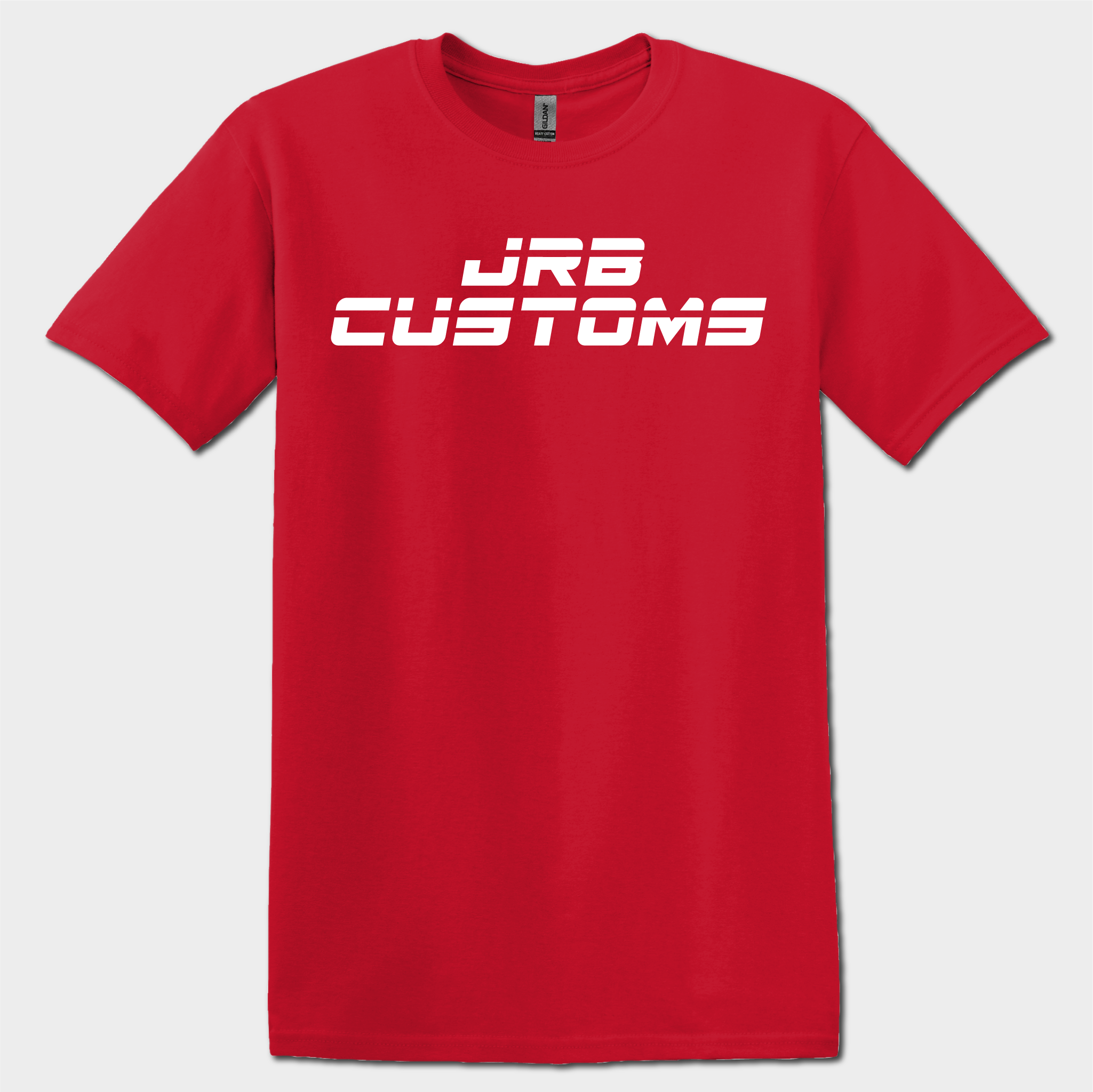 front of jrb supply strikeout tshirt red with white logo