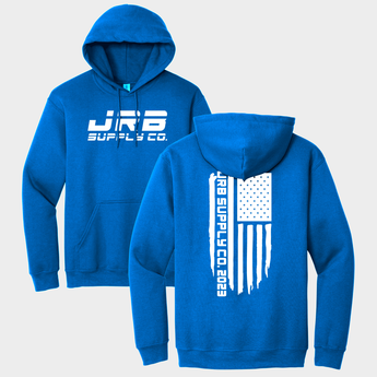 front and back of jrb supply distressed hoodie blue with white graphics