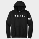 black hoodie with freedom text and american flag graphic