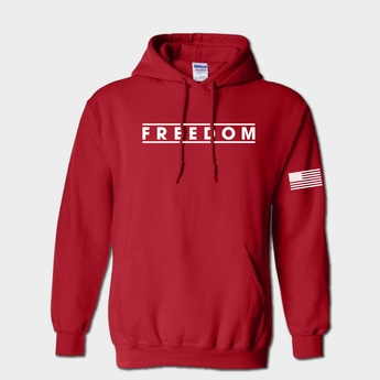 cardinal red hoodie with freedom text and american flag graphic